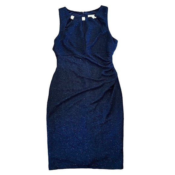 Eliza J NWT Navy Blue Sleeveless Ruched Cutout Keyhole Neck Sparkle Dress Size 4 - Picture 1 of 10